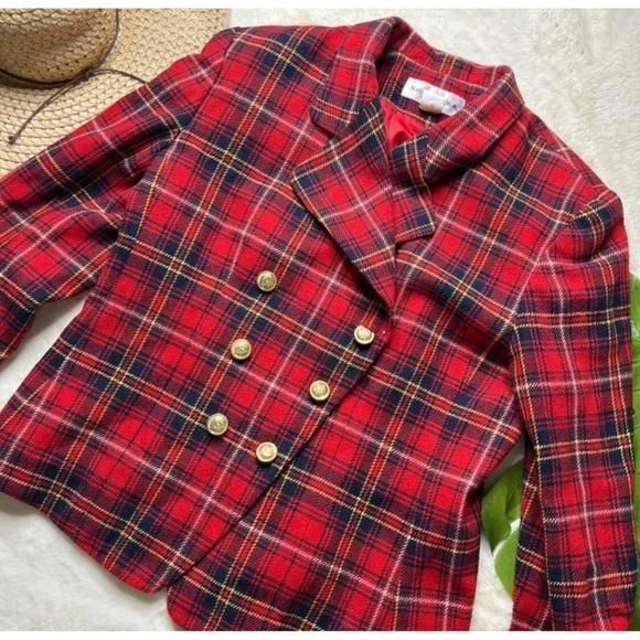 Norton McNaughton Sz 10P Red Tartan Gold Crest Button Wool m Blazer Jacket Women - Picture 9 of 11